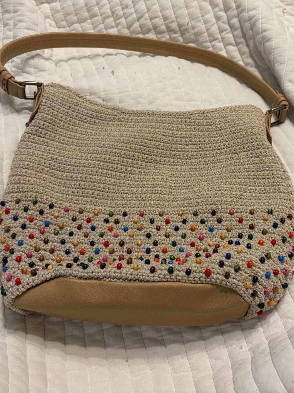 The Sak Sequoia Crochet bag with leather trim in natural/multicolored beads